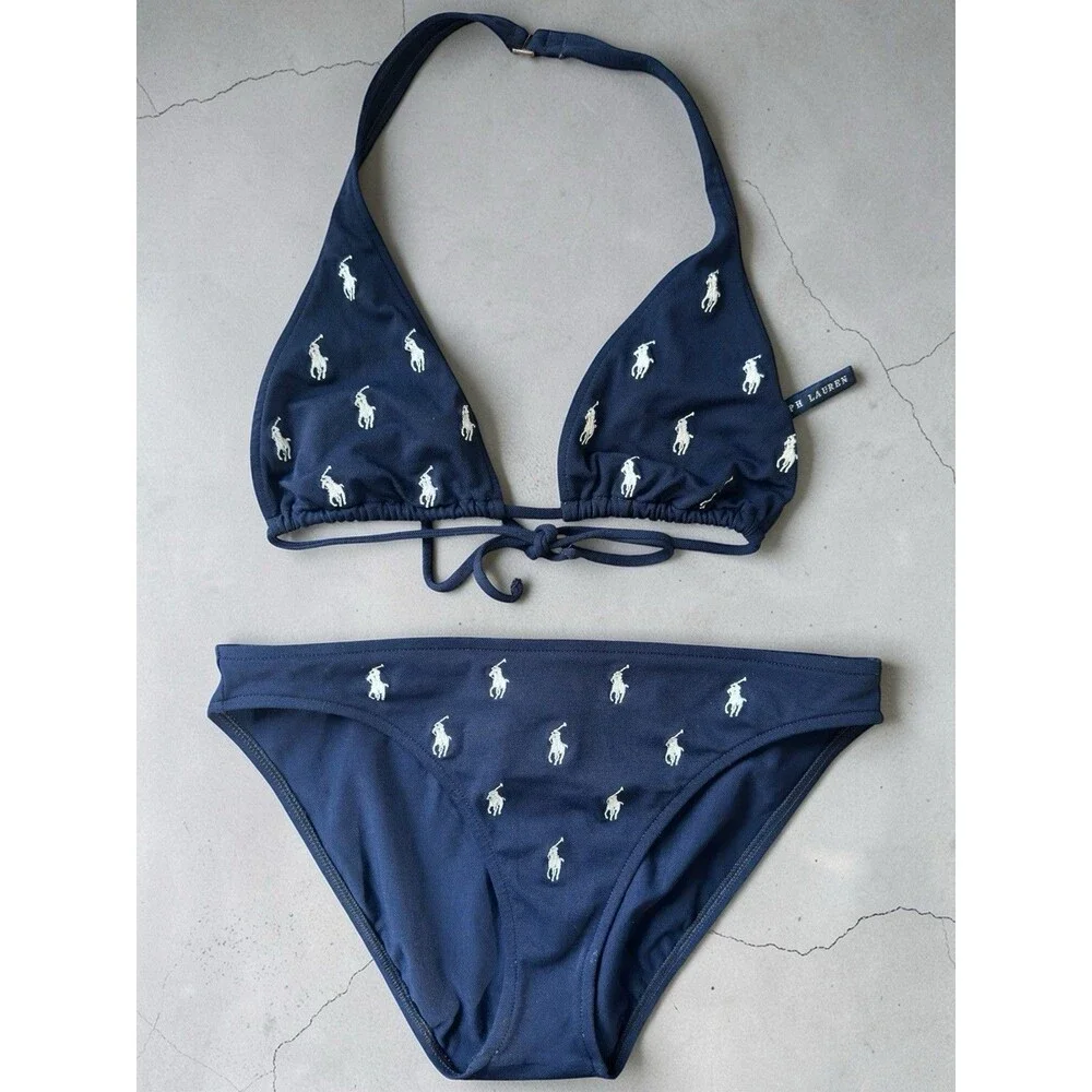 Vintage Polo Ralph Lauren Bikini Medium Navy Blue Embroidered White Pony 90s